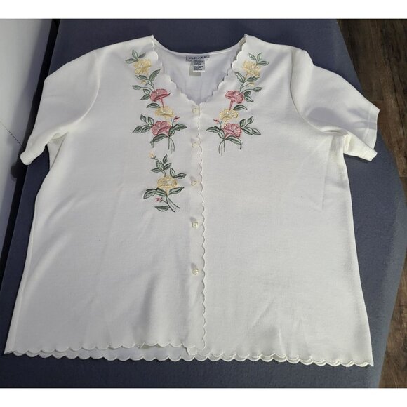 VTG Women's SZ LG Graff Knit Scalloped Pearl Button Top Blouse Floral Grandma - Picture 3 of 9
